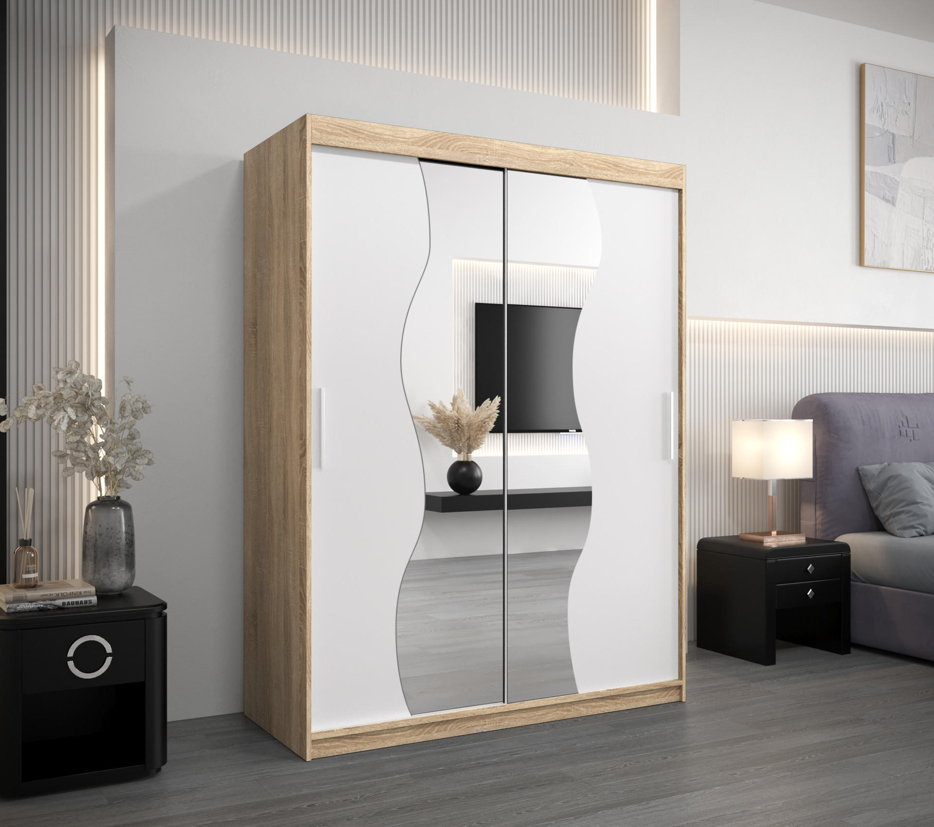 SCHWEBETÜRENSCHRANK 200/150/62 2-türig - Silberfarben/Weiß, Holz/Kunststoff (150/200/62cm) - MÖBEL KRYSPOL