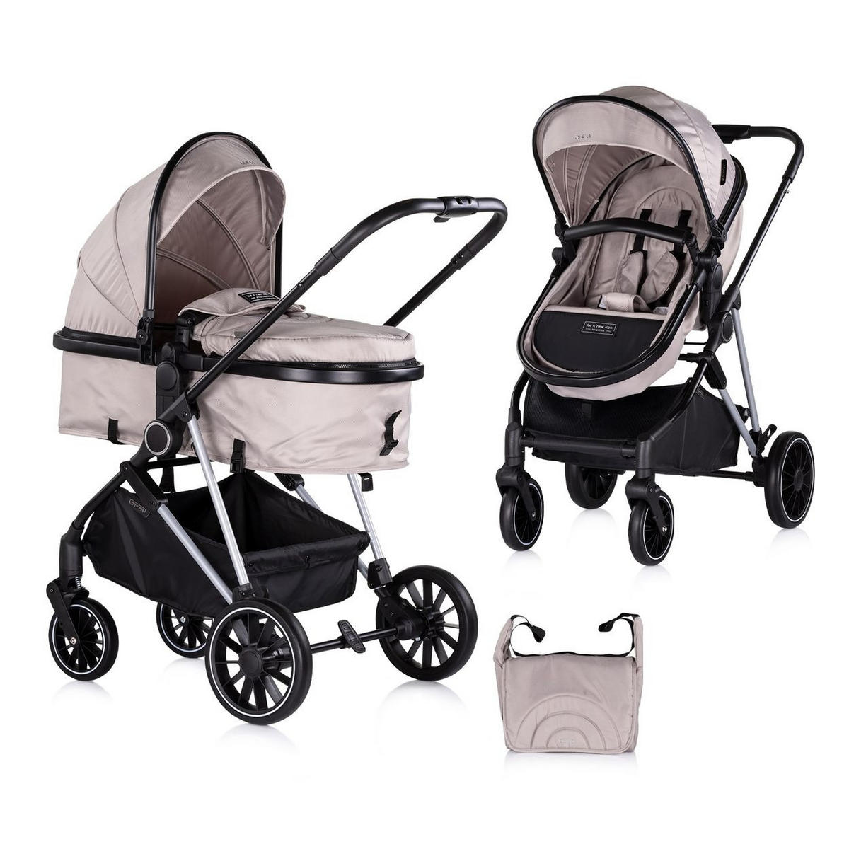 KINDERWAGEN Aura 2 in 1 hellbraun umbaubar Wickeltasche Sitz umkehrbar bis 22 kg - Braun, Metall (98/60/106cm) - Chipolino