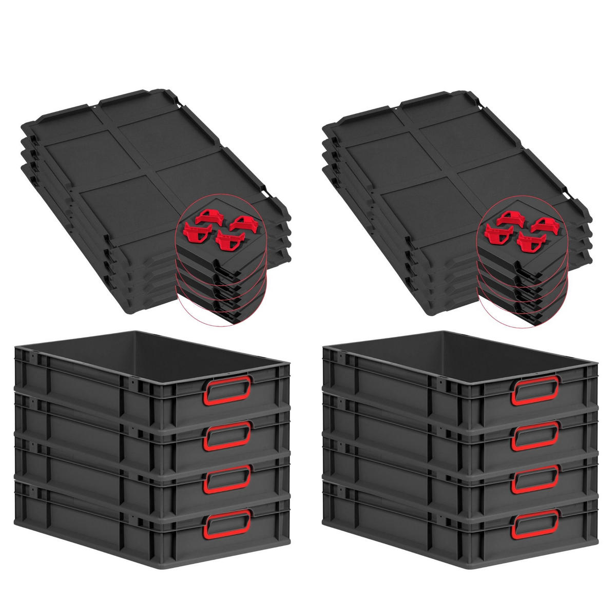 EUROBOX 8x NextGen Color mit Auflagedeckel 12x40x60 cm 23 Liter Schwarz Griffe rot zu - Rot/Schwarz, Kunststoff (40/12/60cm) - PROREGAL