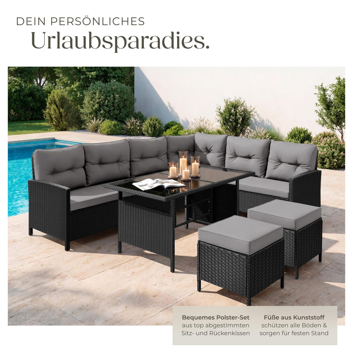 RATTANLOUNGE Barletta, mit Sicherheitsglasplatten, schwarz/grau - Schwarz/Grau, Kunststoff - tectake