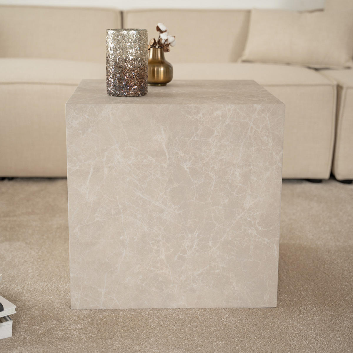 COUCHTISCH AMIRI M - Farbe: Beige, Größe: 50 x 50 x 50 cm - Beige, Holzwerkstoff/Textil (50/50/50cm) - Home Deluxe