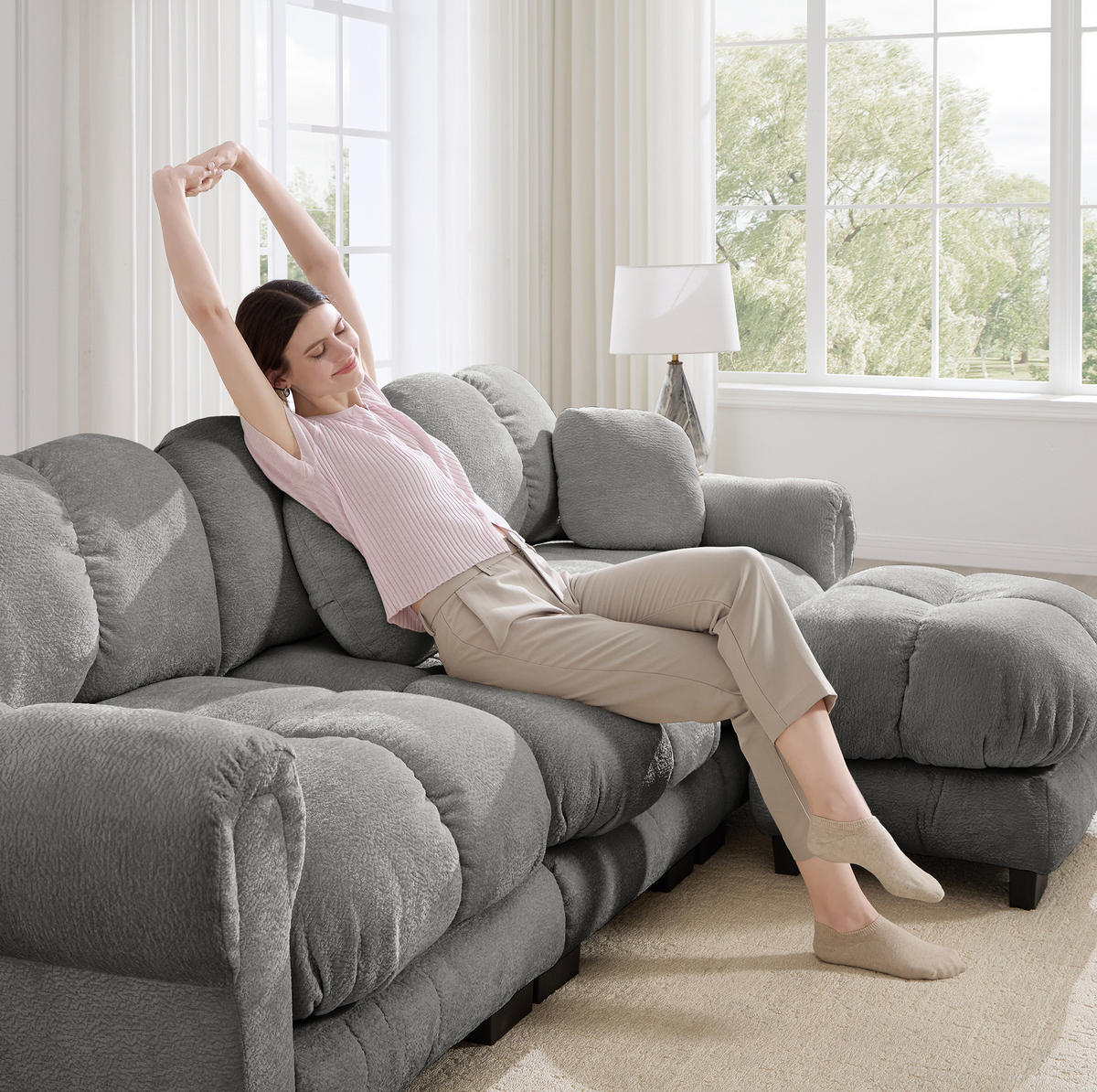SOFA 3-Sitzer L-Form Chenille Hellgrau - Hellgrau, Holz (149/260cm) - Meubliv
