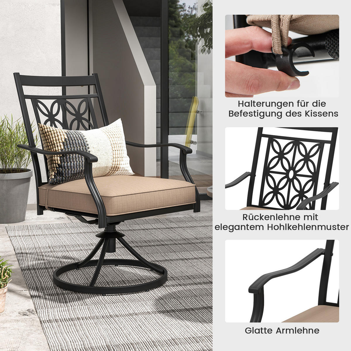 DREHSESSEL Schwarz(2er-Set) - Schwarz, Metall (60/92/70cm) - COSTWAY