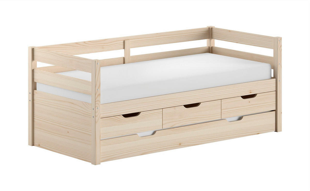 KOJENBETT Kelda 90x200 mit Bettschublade Kiefer Massivholz Milky Pine - Weiß, Holz (90/200cm) - 58aufmkessel