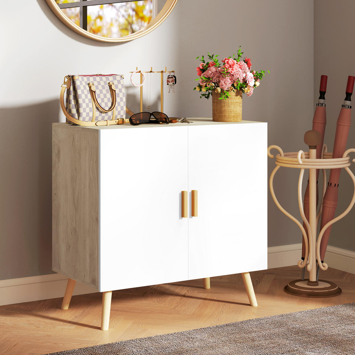 SIDEBOARD Weiß-Natur, Bambusgriffe, 76/41,2/74 cm - Naturfarben, Holz (76/74/41.2cm) - PANGIVO