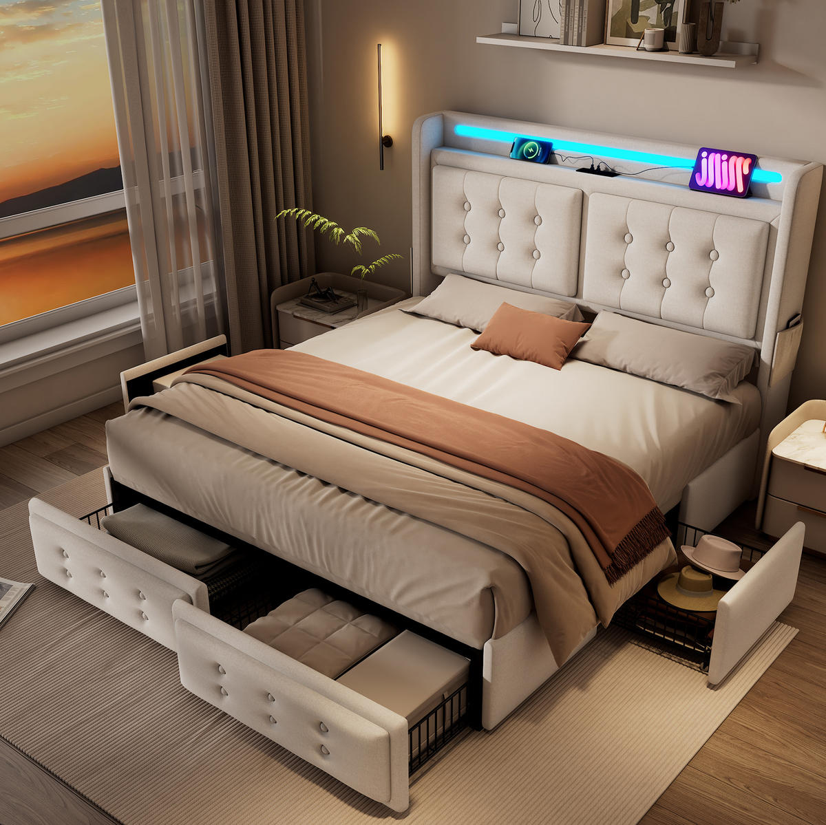 TAPECIRANI krevet od pamučno-lanene tkanine 180x200 cm bež s LED rasvjetom, USB/Type-C priključcima i 4 ladice - bež, tekstil (180/200cm) - Modfu