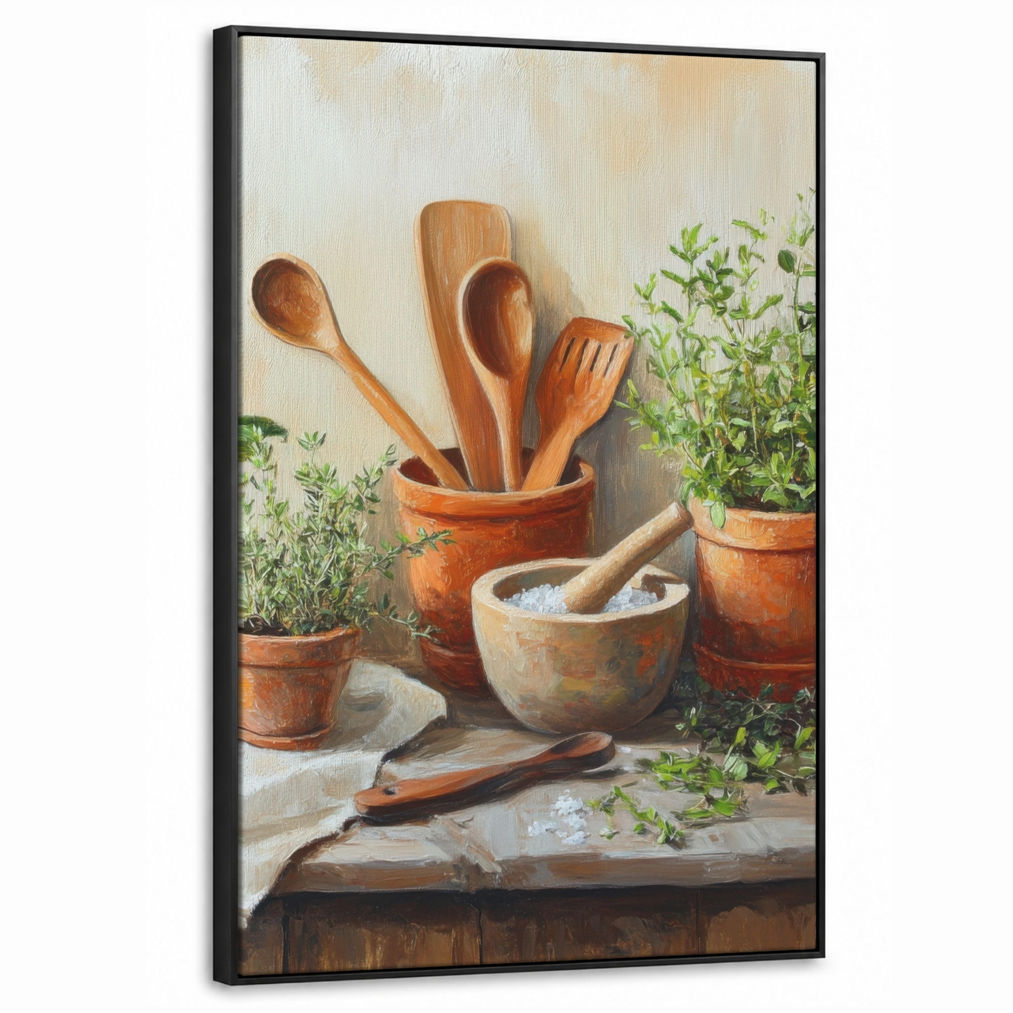 LEINWAND Bilder mit Rahmen - Töpfe - Kräuter - Holz - 60x90 - Terracotta, Textil (60/90cm) - MuchoWow