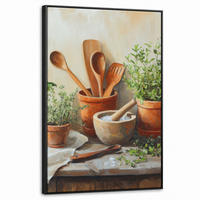 LEINWAND Bilder mit Rahmen - Töpfe - Kräuter - Holz - 60x90 - Terracotta, Textil (60/90cm) - MuchoWow