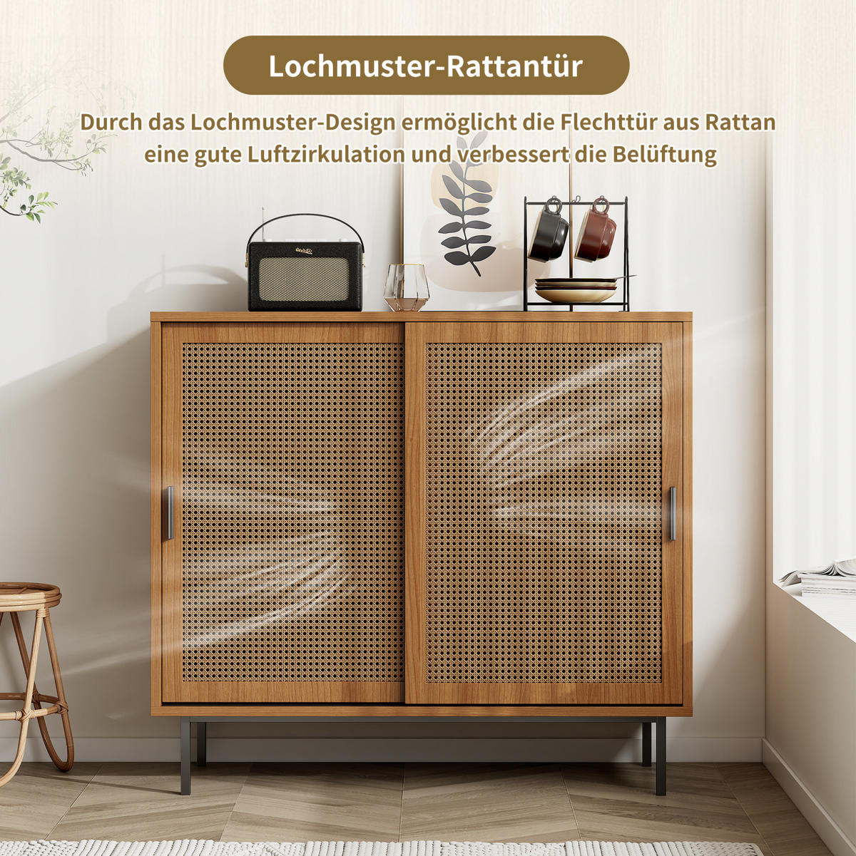 SIDEBOARD 100/37/90 cm in Walnuss mit 2 Schiebetüren und Rattan-Optik - Walnussfarben, Holzwerkstoff (100/90/37cm) - Flora Grace