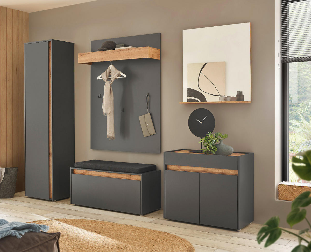 GARDEROBEN-SET 3-teilig grau matt, Eiche Wotan 100 cm, Flurgarderobe inklusive Sitzkissen - Silberfarben/Eiche Wotan, Holzwerkstoff/Kunststoff (100/200/40cm) - Furn.Design