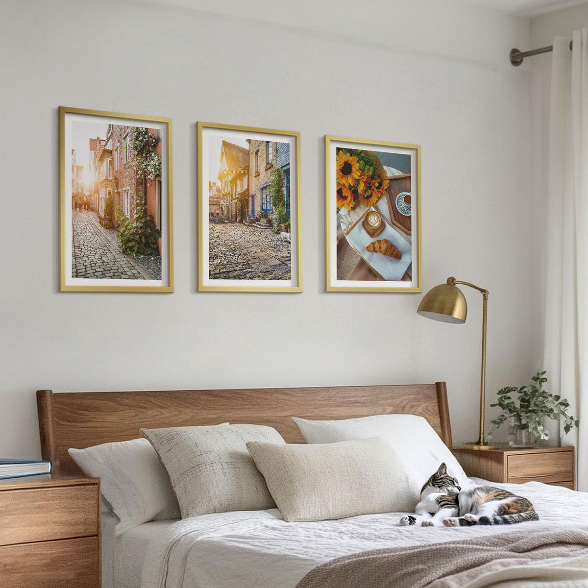BILDER SET 3er Set - 40x60 cm Goldrahmen - Straßenkaffee Sonnenblumen - Goldfarben, Kunststoff (40/60cm) - TULUP