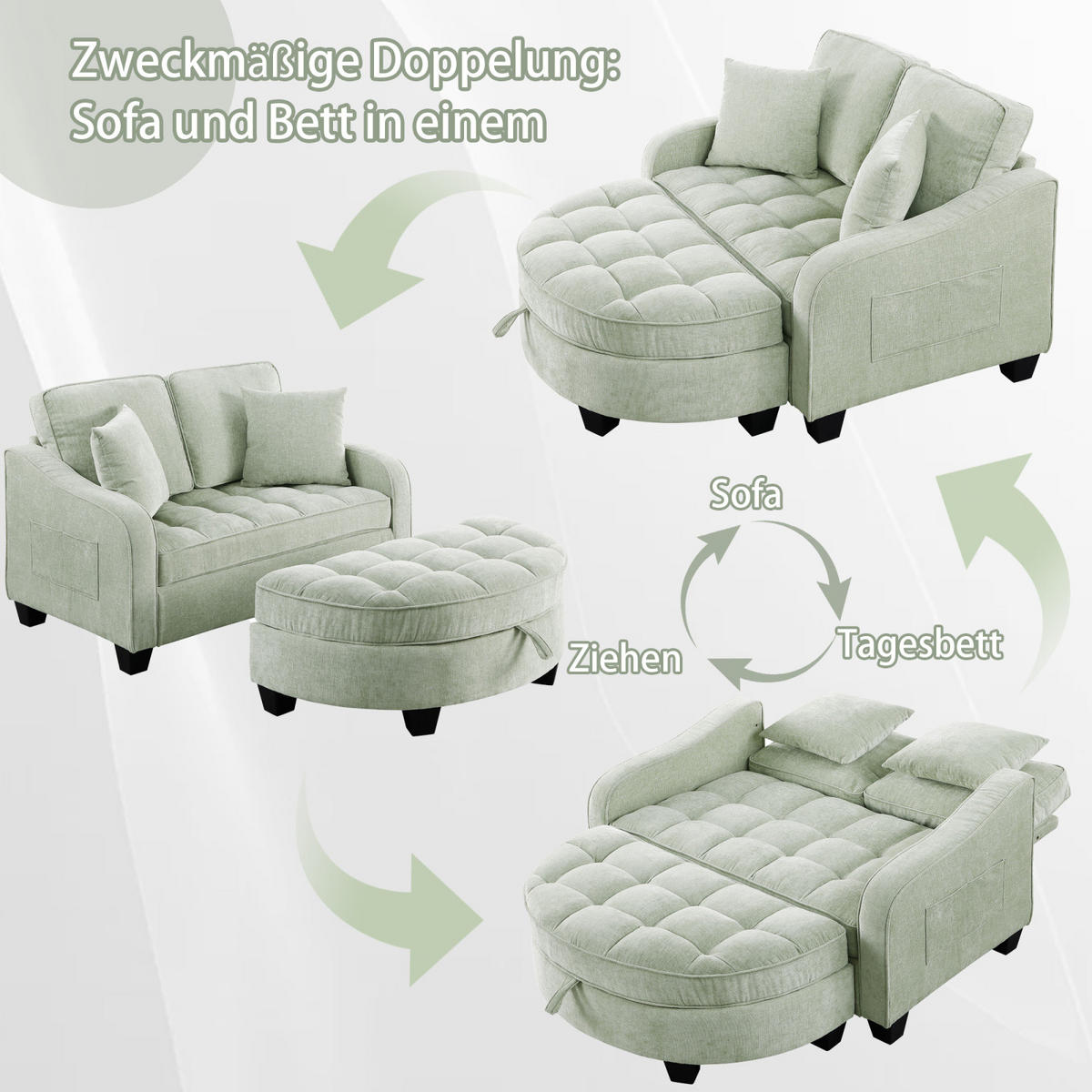SCHLAFSOFA 2 in 1 Sofa mit Schlaffunktion,Hocker und Stauraum Stoffbezug Grün - Grün, Textil (129/93/132cm)