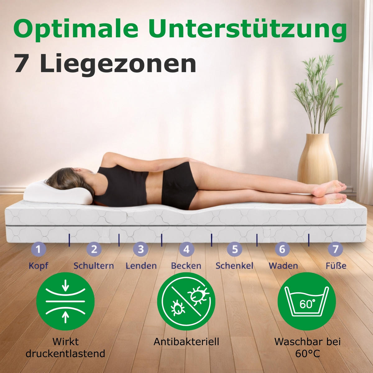 MATRATZE 80x200 mit Taschenfederkern 21 cm Höhe - H2 H3 - 7-Zonen - Weiß, Textil (80/200cm) - Schlaftroll