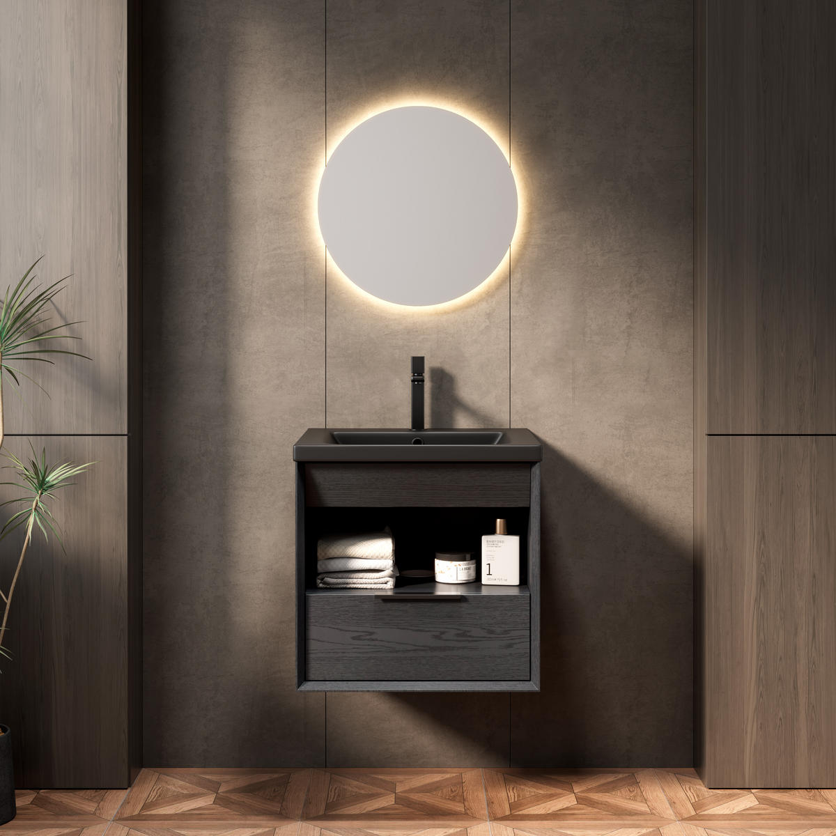 WASCHTISCHUNTERSCHRANK 51.5x47x51.5cm Schwarz/Dunkleiche mit integrierter Keramikspüle - Schwarz, Keramik (51.5/51.5/47cm) - Modfu