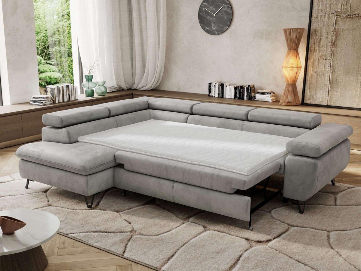 ECKSOFA PABLO L Hellgrau Velvet - Links Seite mit Visco Topper - Hellgrau/Schwarz, Textil/Metall (208/273cm) - MKS