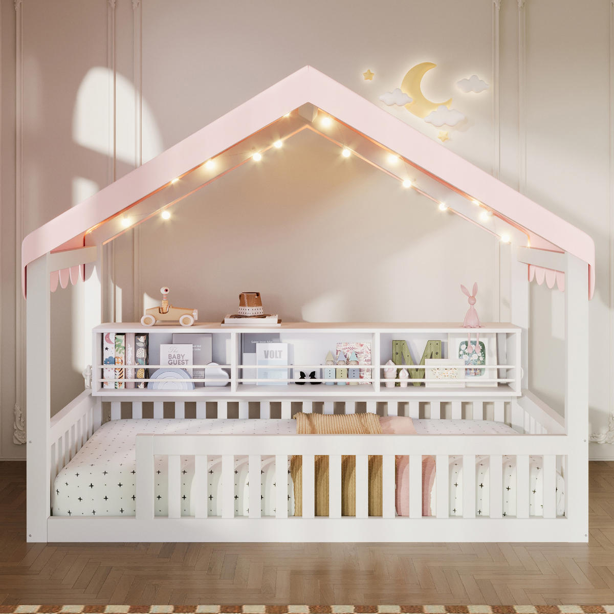 HAUSBETT 90x200 cm mit Baldachin, LED-Lichterkette und Bücherregal, Weiß - Weiß, Holz (90/200cm) - KOMHTOM
