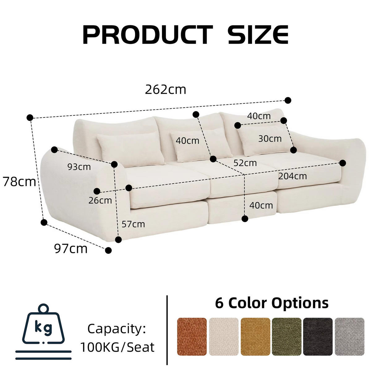 SCHLAFSOFA 3-Sitzer Chenille, Komfort Kompressionssofa ohne Aufbau, Beige - Beige, Textil (262/78/97cm) - Kaket