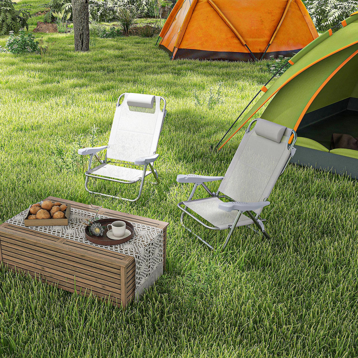 GARTENSESSEL DE-15629 2er-Set, 6-fach verstellbar mit Kopfkissen - Hellgrau, Metall (65/80/62cm) - ComfortXL