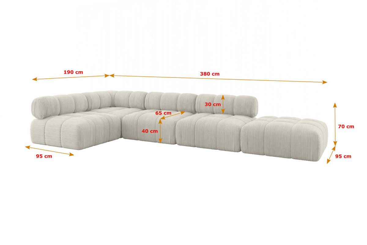 ECKSOFA modulares Sofa Favio-L2 - 380x190x70 cm Creme Cord - Hellgrau/Creme, Holzwerkstoff/Textil (380/190cm) - ALTDECOR