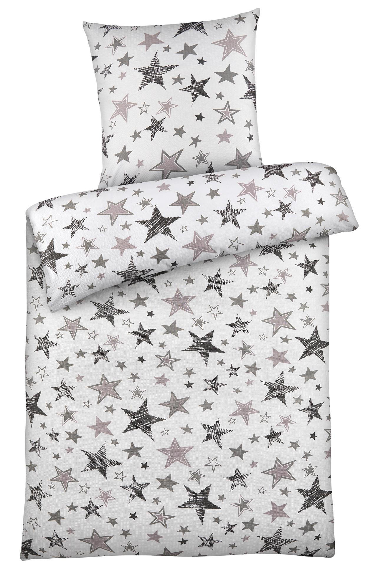 SEERSUCKER-BETTWÄSCHE 135x200 Sterne Sommer Bettbezug Bügelfrei aus 100% Baumwolle, Bettbezüge Muster Weiß Grau - Weiß, Textil (135/200cm) - Carpe Sonno