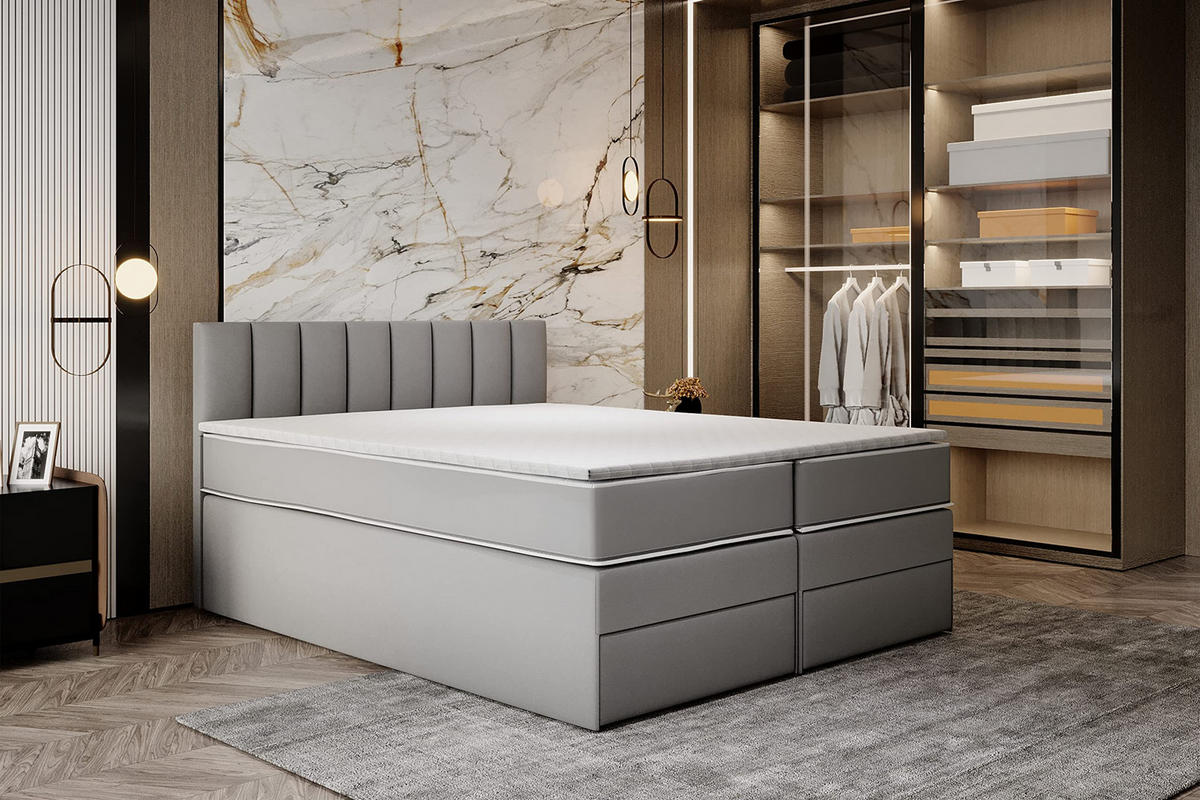KONTINENTALBETT 90x200 cm mit Schubladen und Taschenmatratze, MIAMI, Visco Topper 5 cm, Grau - Grau, Holzwerkstoff/Kunststoff (90/200cm) - Trada