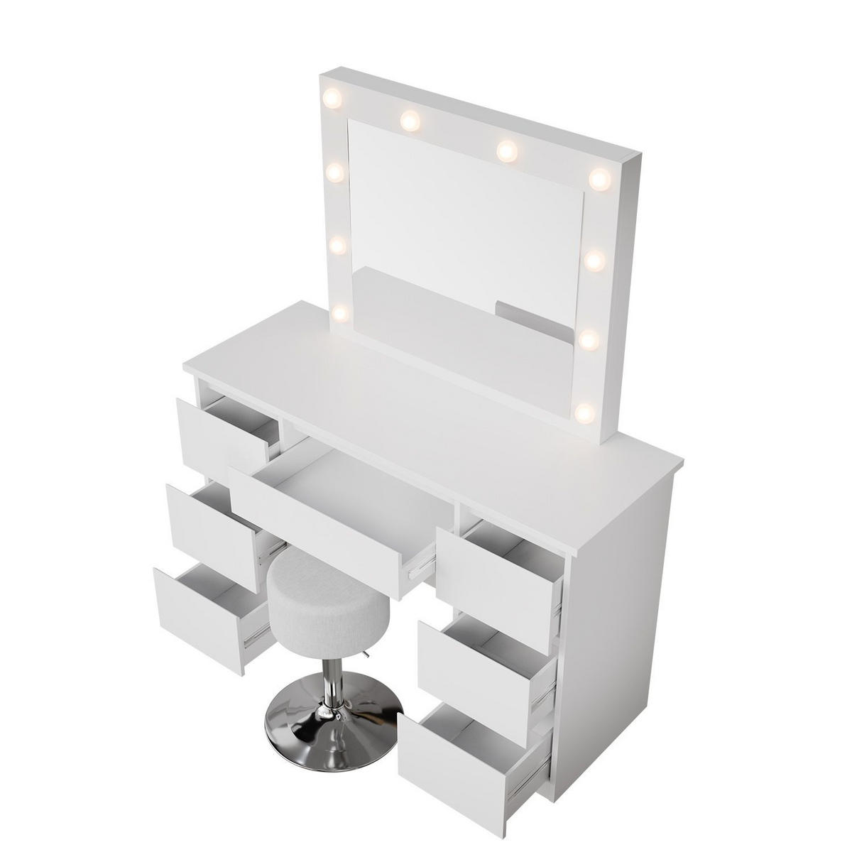 SCHMINKTISCH Talea mit LED (3 Lichtstufen) inkl Hocker Tonia - Weiß, Holz (110/141/40cm) - Juskys
