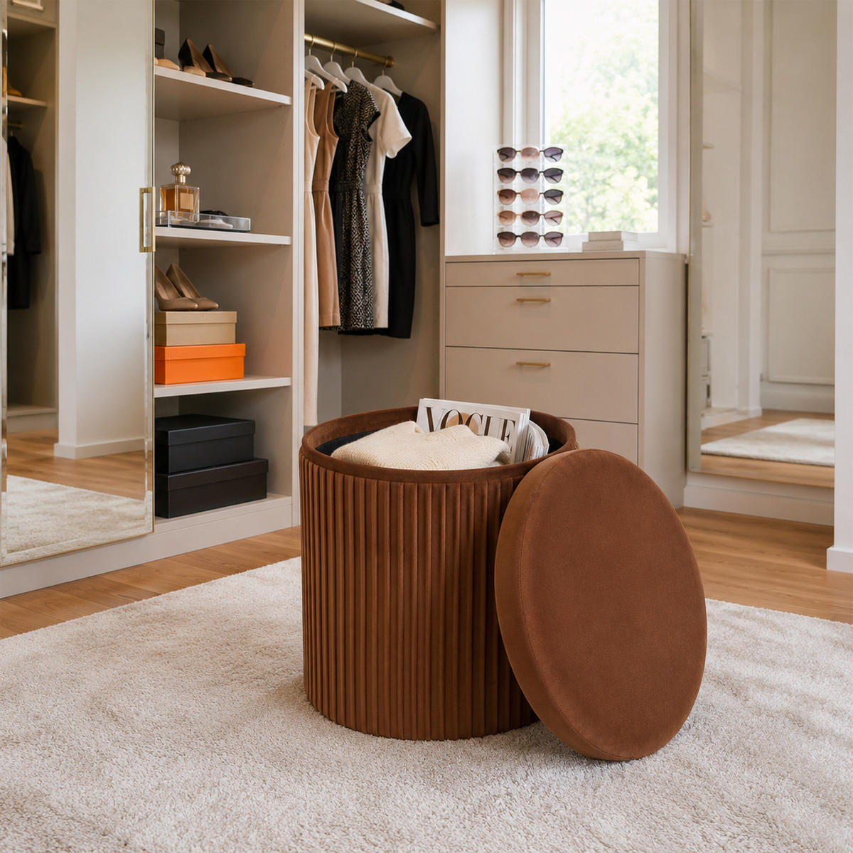 TABURET Mocha Mousse samet s úložným prostorem - hnědá, kompozitní dřevo/textil (38/38/38cm) - Relaxdays