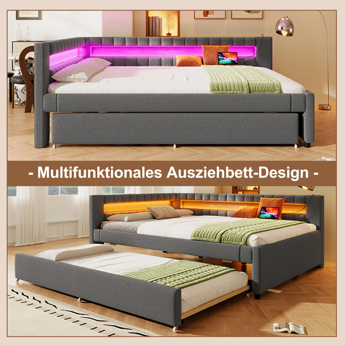 POLSTERBETT 140/200 cm aus Leinen mit LED-Lichtleiste, Ausziehbett, USB- und Type-C-Anschluss, Grau - Grau, Textil (140/200cm) - Redom