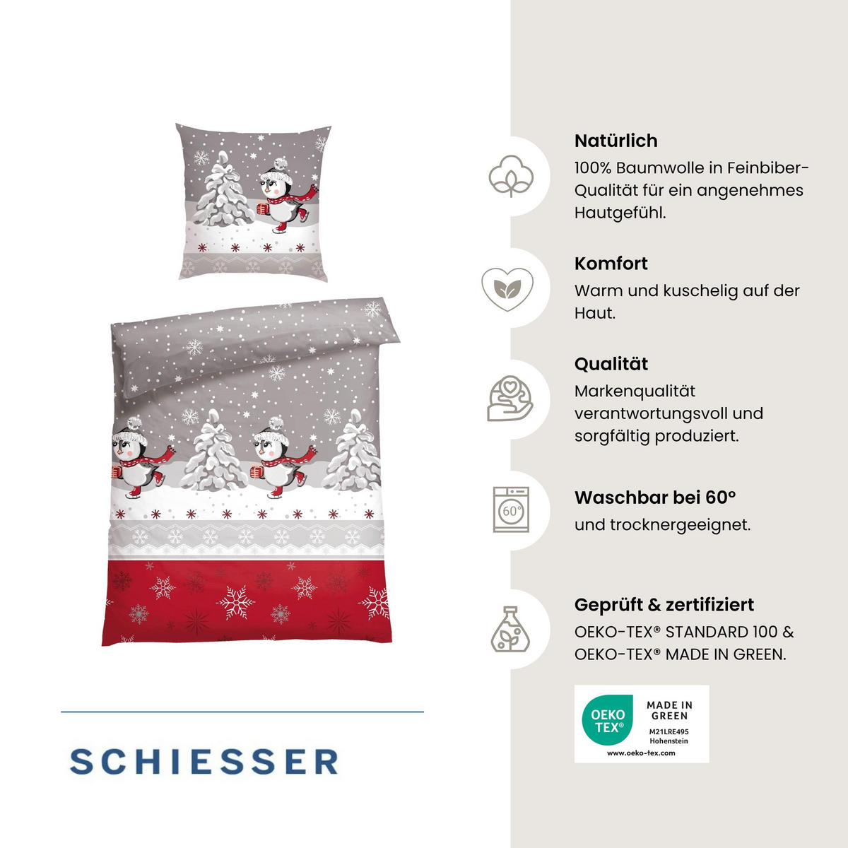 BETTWÄSCHESET Telso - Feinbiber - 2-teilig - 135x200 cm - Grau - Grau, Textil (135/200cm) - SCHIESSER