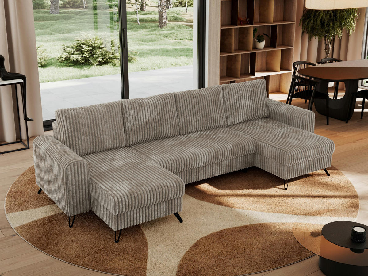 WOHNLANDSCHAFT AXEL U Cord Hellbraun - Schwarz/Braun, Textil/Metall (312/90/140cm) - MKS