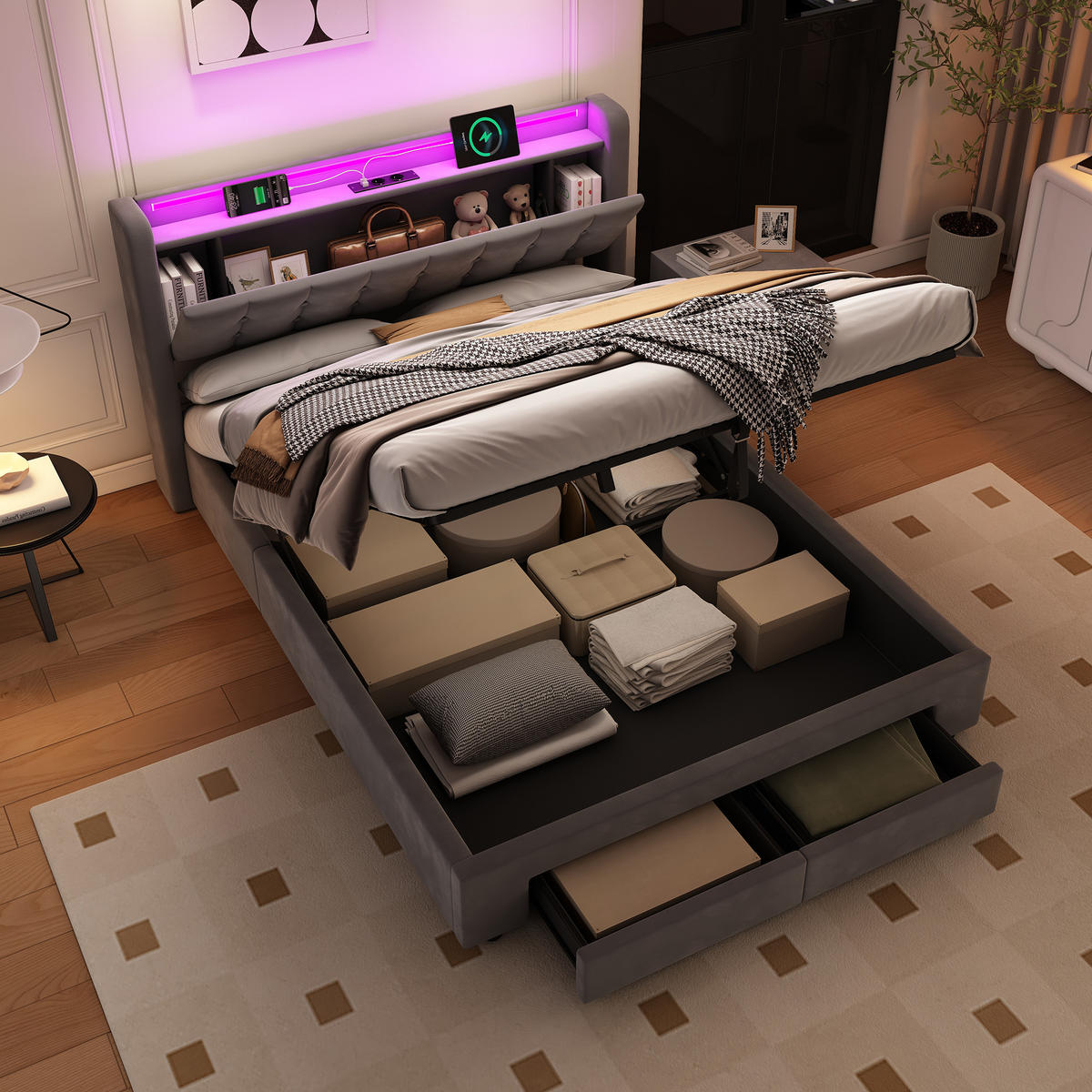 POLSTERBETT 140/200 cm Grau mit LED-Lichtleiste und USB-Anschlüssen - Grau, Holzwerkstoff (140/200cm) - OKWISH