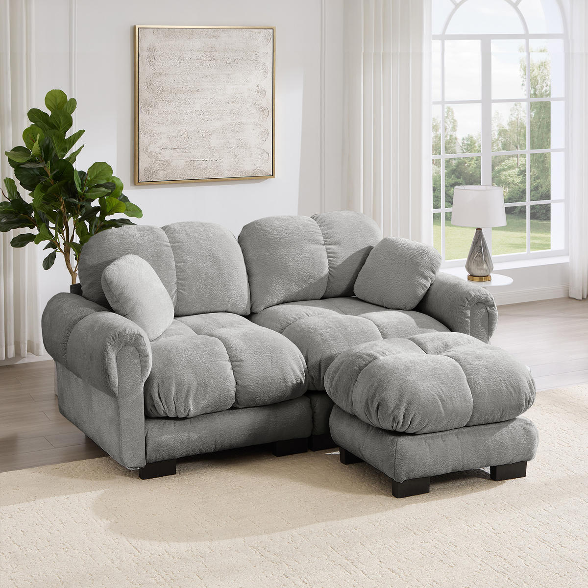 ECKSOFA DE-34384 L-Form mit Ottoman und Steppdesign Hellgrau - Hellgrau, Textil (149/190cm) - ComfortXL