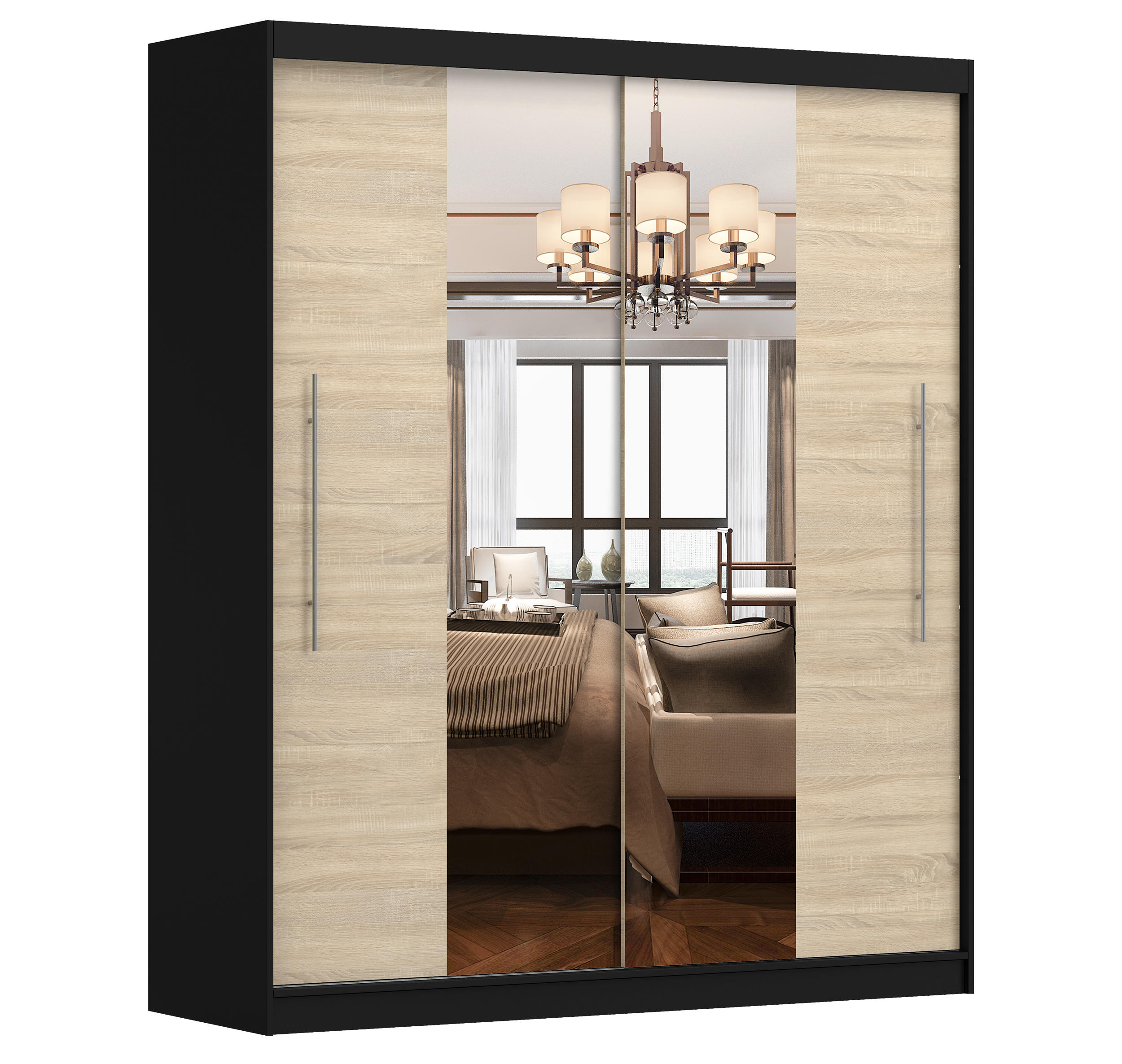 SCHIEBETÜRENSCHRANK - NICO 01 Schwarz + Sonoma - Schwarz/Sonoma Eiche, Holzwerkstoff/Metall (204/218/58cm) - Möblo