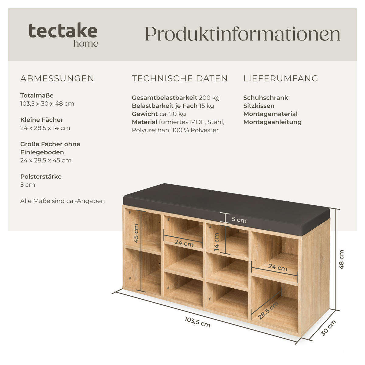 SCHUHSCHRANK Max,103,5 x 48 x 30 cm,dunkelgrau/eiche hell - Dunkelgrau/Eichefarben, Holz (30/48/103.5cm) - tectake