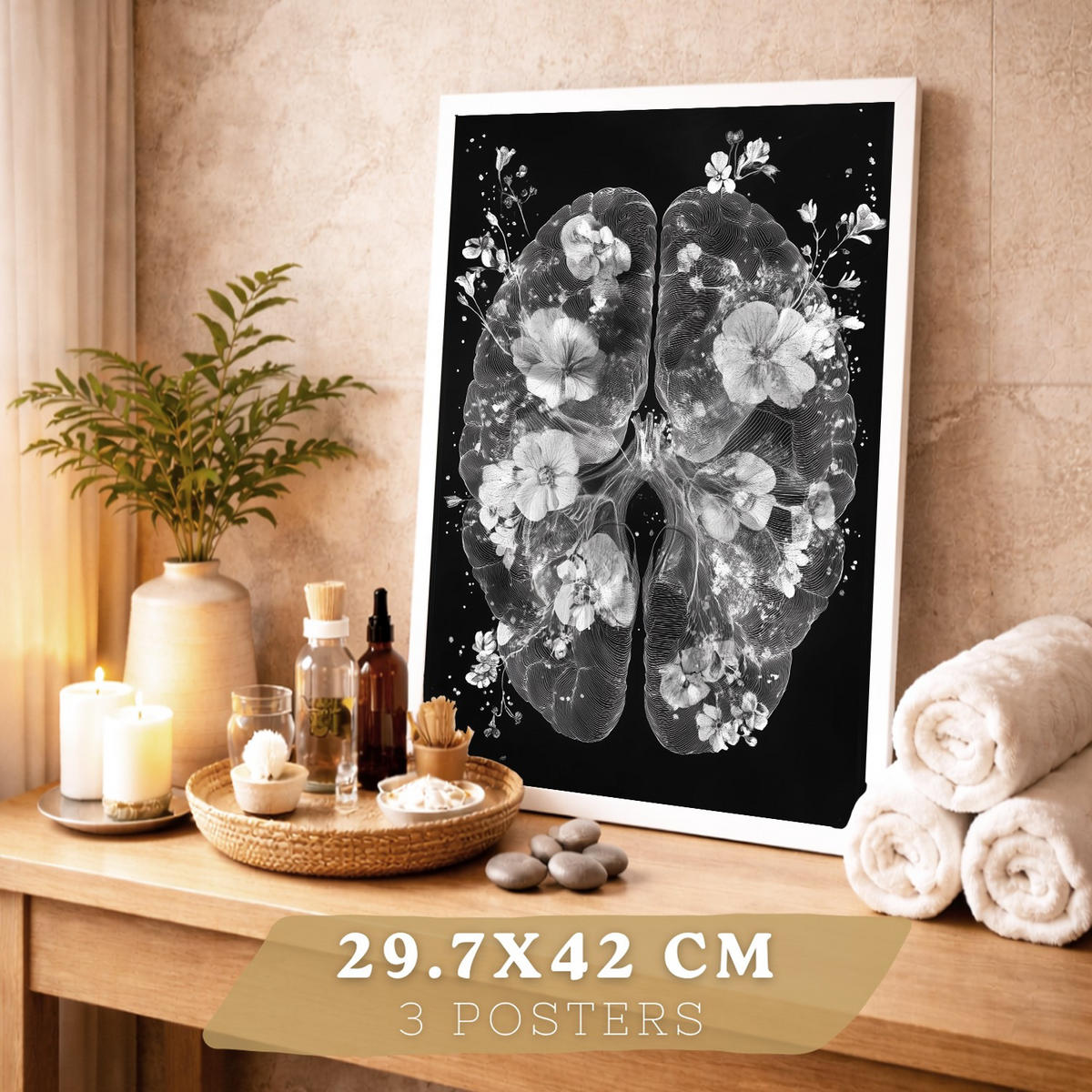 POSTER Set aus 3 Anatomie Drucke und Wandbilder mit Inneren Organen Gehirn Herz Nieren Minimalistisches Schwarz Weiß Design Größe Weißer Rahmen A3 - Weiß, Papier (29.7/42/3cm) - Nacnic