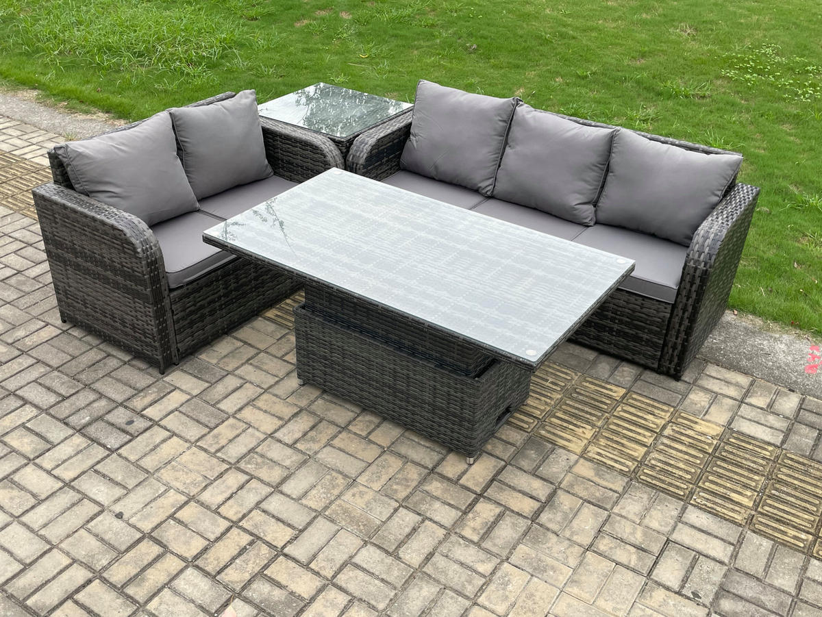 GARTENSOFA-SET HÖHENVERSTELLBARER ESSTISCH BEISTELLTISCH Polyrattan 5-Sitzer - Dunkelgrau/Grau, Glas/Kunststoff - Fimous
