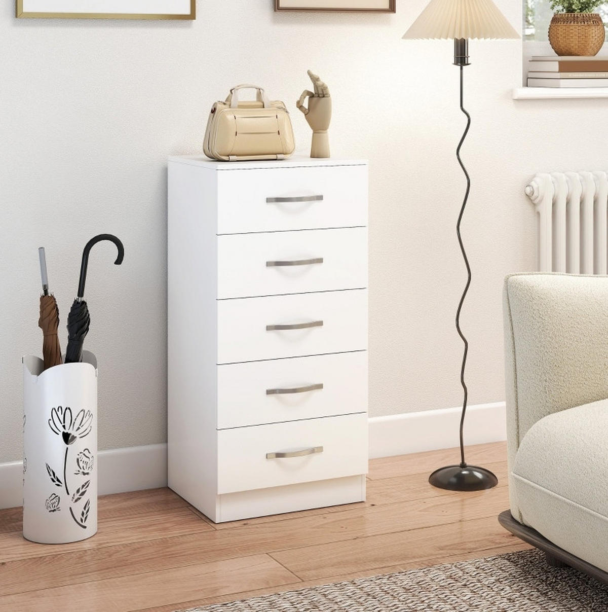 KOMMODE 35/40/85 cm mit 5 Schubladen und Kippschutz, schmaler Stauraum aus Holzwerkstoff, Weiß - Weiß, Holz (40/85/35cm) - Redom