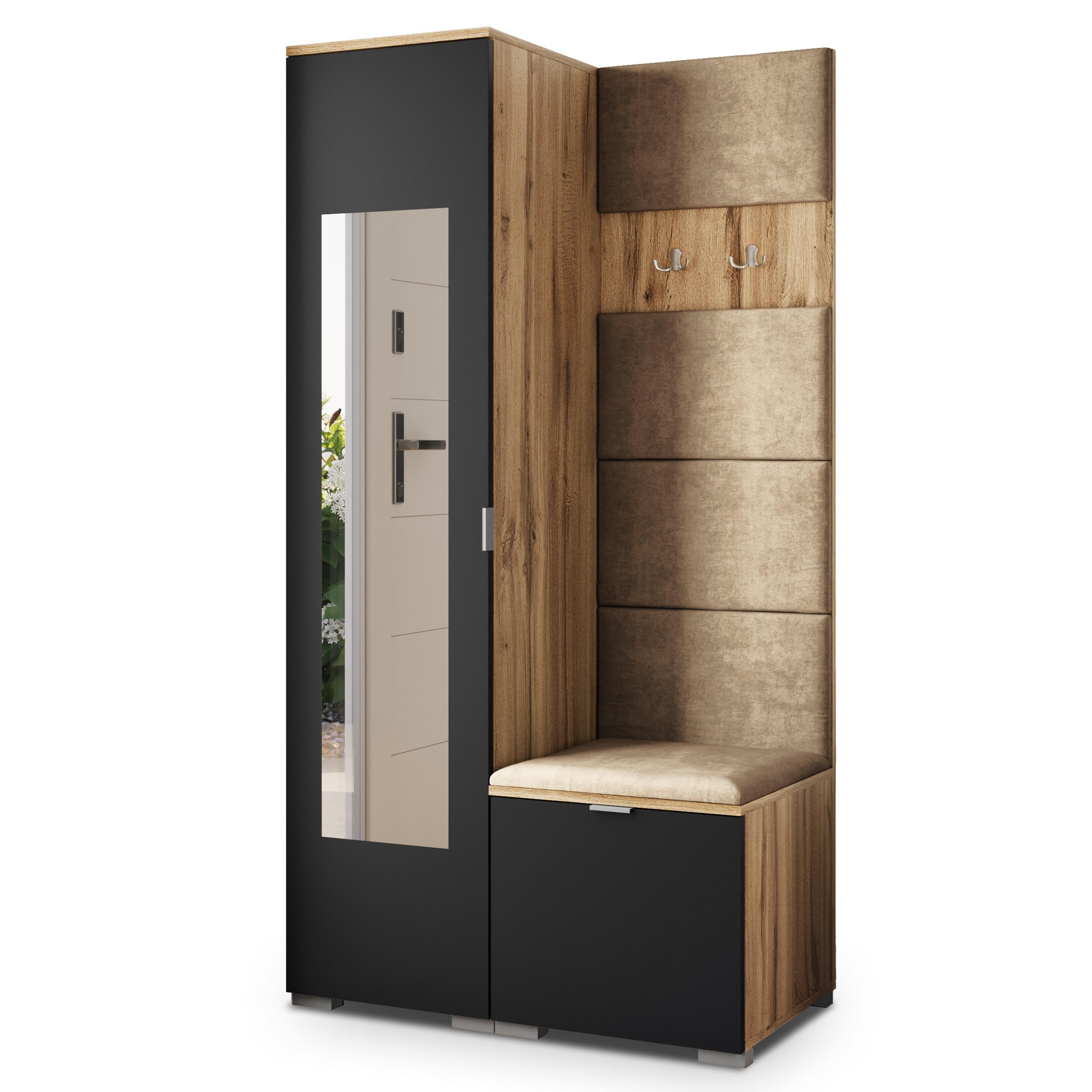 Masseno Garderobenschrank Eiche Wotan, Schwarz, Mokka 95x181x51 cm