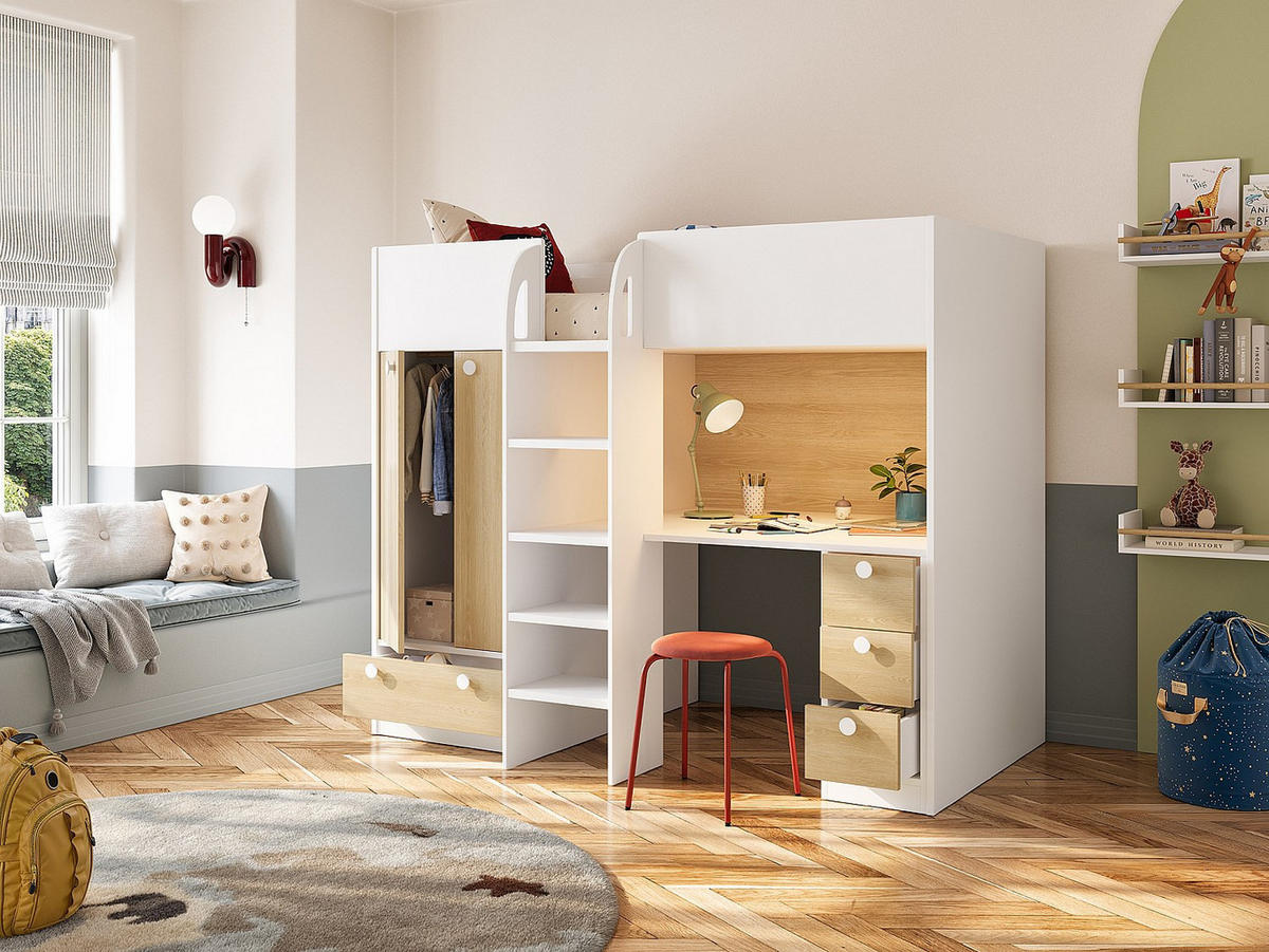 HOCHBETT mit Kleiderschrank & Schreibtisch - 90 x 190 cm - Weiß & Holzfarben + Matratze - CINAMO - Naturfarben, Holz (120.8/196cm) - Vente-Unique