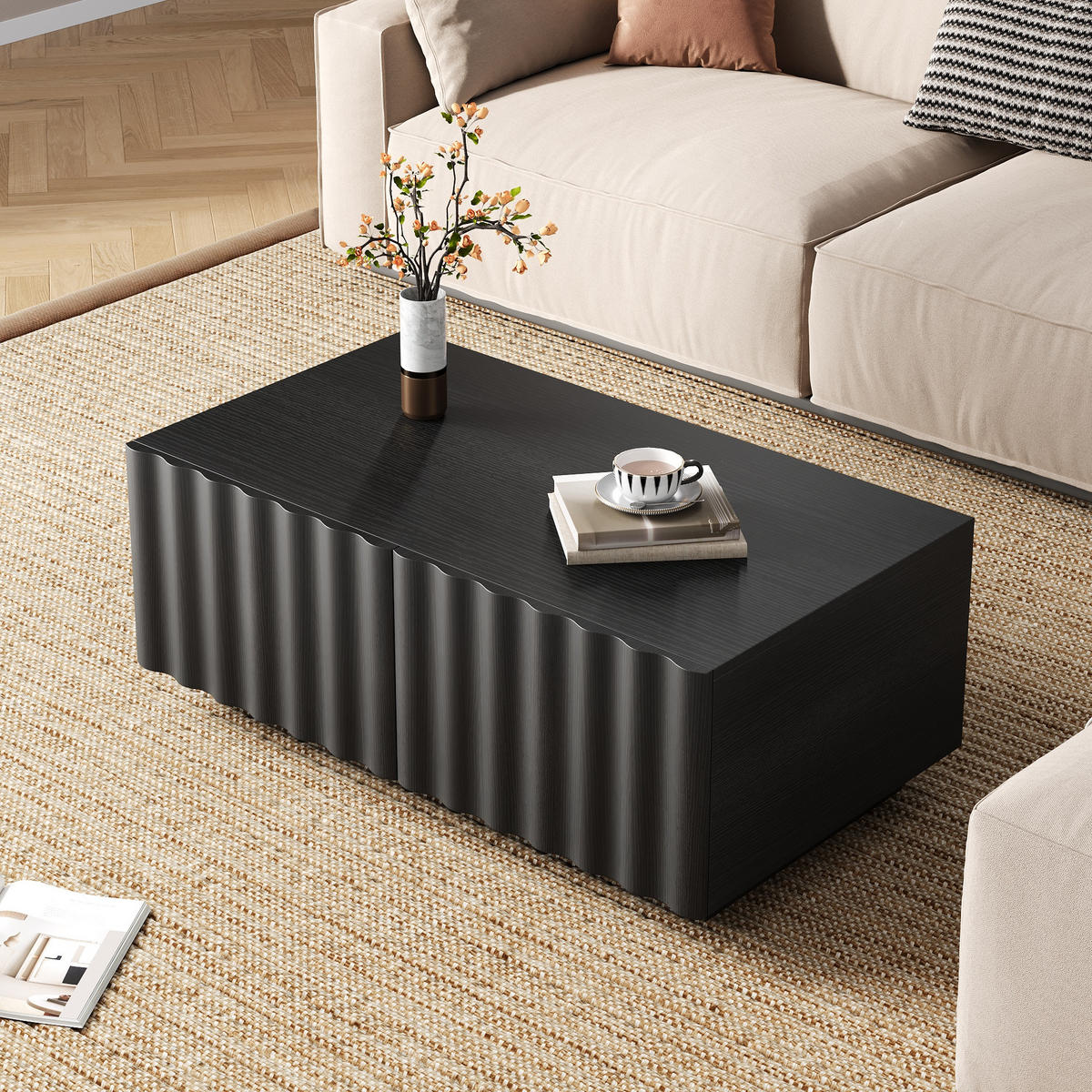 COUCHTISCH Wellenmuster 2 Schubladen modern Stauraum - Schwarz, Holzwerkstoff (100/50/40cm) - FLIEKS