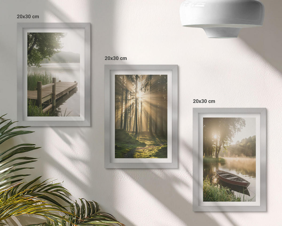 BILDER SET 3er Set - 20x30 cm Silberner Rahmen - See, Wald, Boot, Morgennebel - Silberfarben, Kunststoff (20/30cm) - TULUP