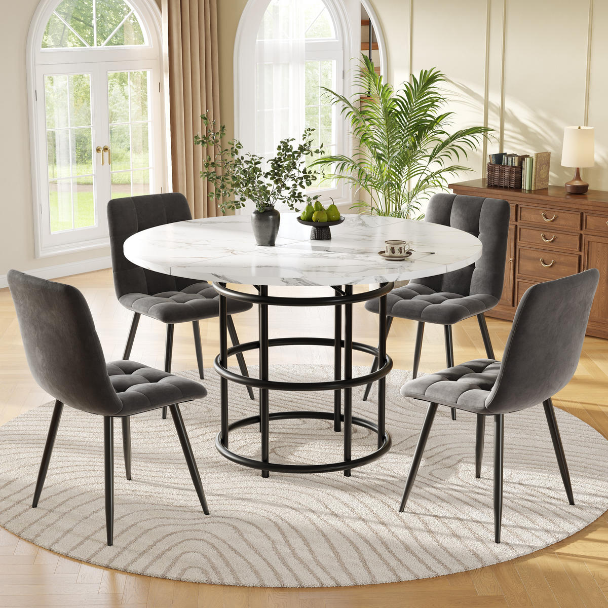 ESSTISCHSET 5-Teilig Rund 100 Cm, Weiße MDF, 4 Graue Samtstühle - Schwarz, Metall (100/76/100cm) - FLIEKS