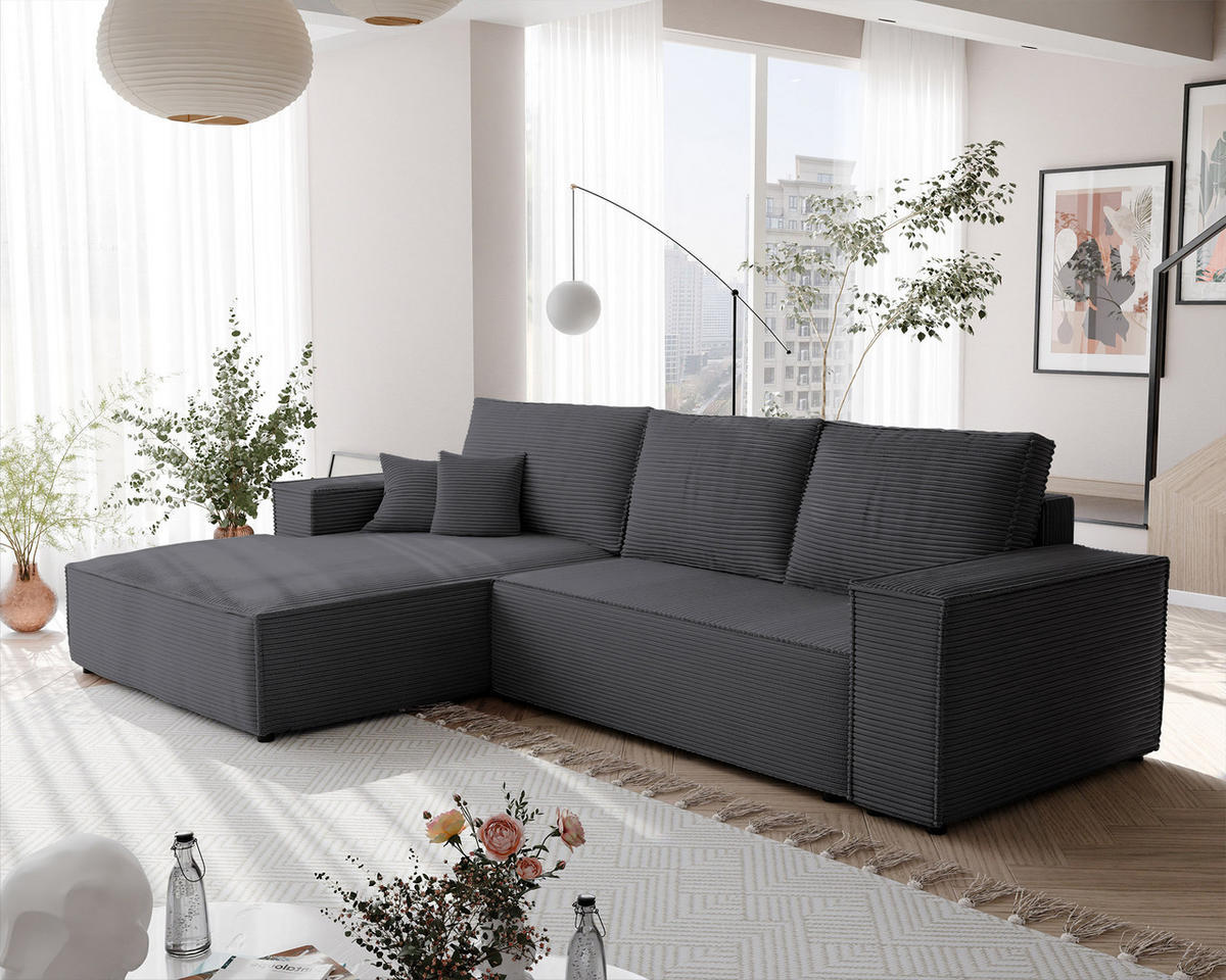 ECKSOFA NOVA mit Schlaffunktion und Bettkasten Dunkelgrau - Dunkelgrau, Holzwerkstoff/Kunststoff (250/90cm) - Idohome