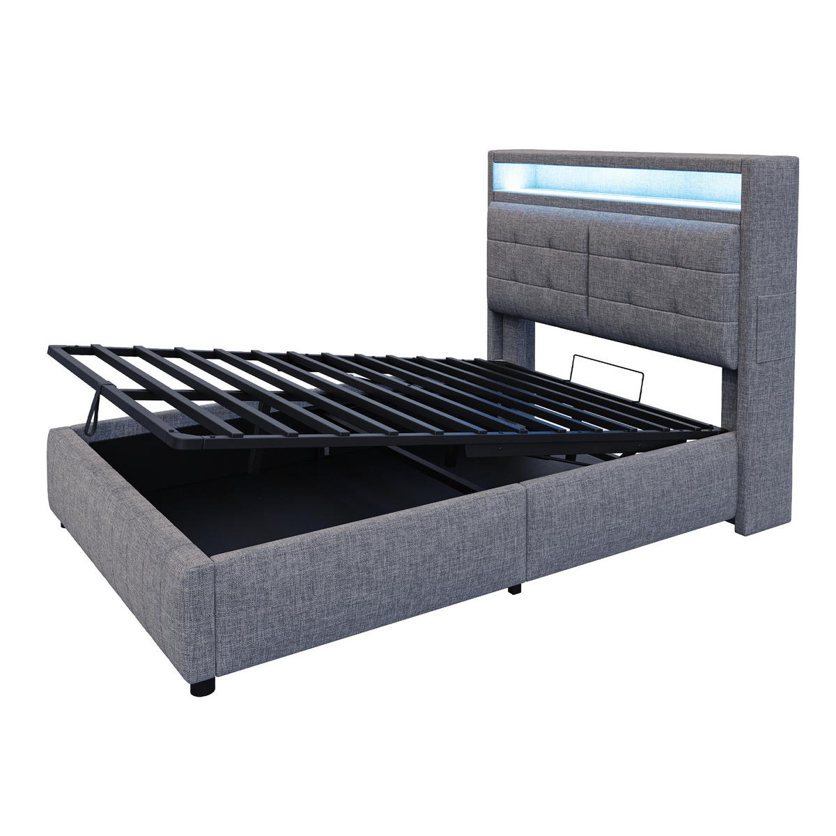 POLSTERBETT mit LED-Beleuchtung 140/200 cm mit Bettkasten und gepolstertem Kopfteil - Grau, Textil (140/200cm) - BEAOK