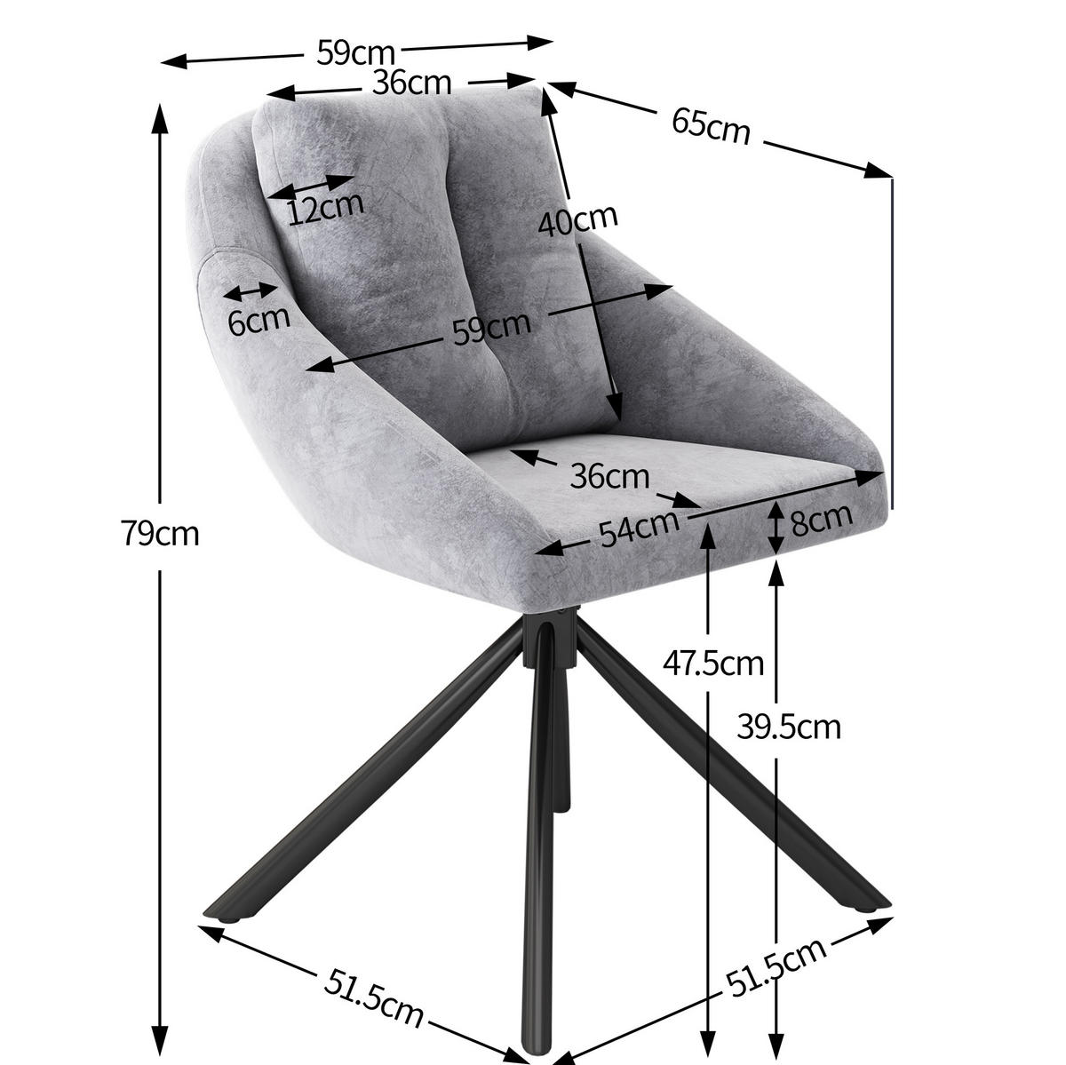 DREHSTUHL ergonomisch Samt Grau 4er-Set - Grau, Metall (54/79/65.1cm) - Meubliv