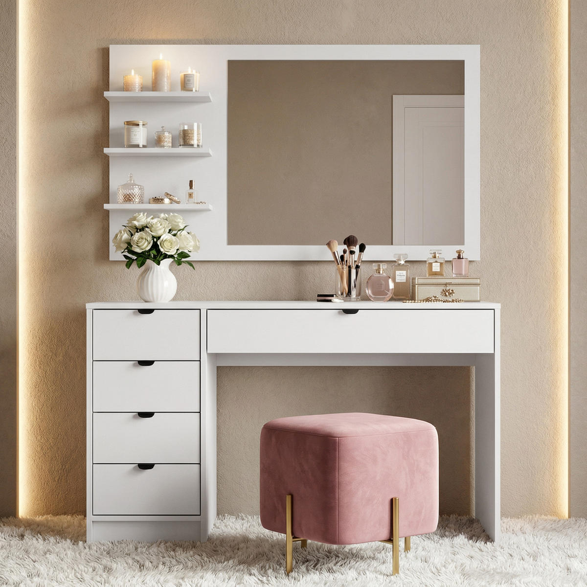 SCHMINKTISCH Malta mit 5 Schubladen, mit Spiegel, mit Griffen, Weiß - Schwarz/Weiß, Holzwerkstoff/Metall (120/145.5/57cm) - Beautysofa