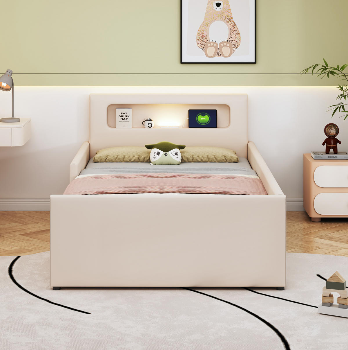 KINDERBETT 90/200 cm aus Kunstleder mit Nachtlicht und USB-Anschluss Beige - Beige, Textil (90/200cm) - Modenvie