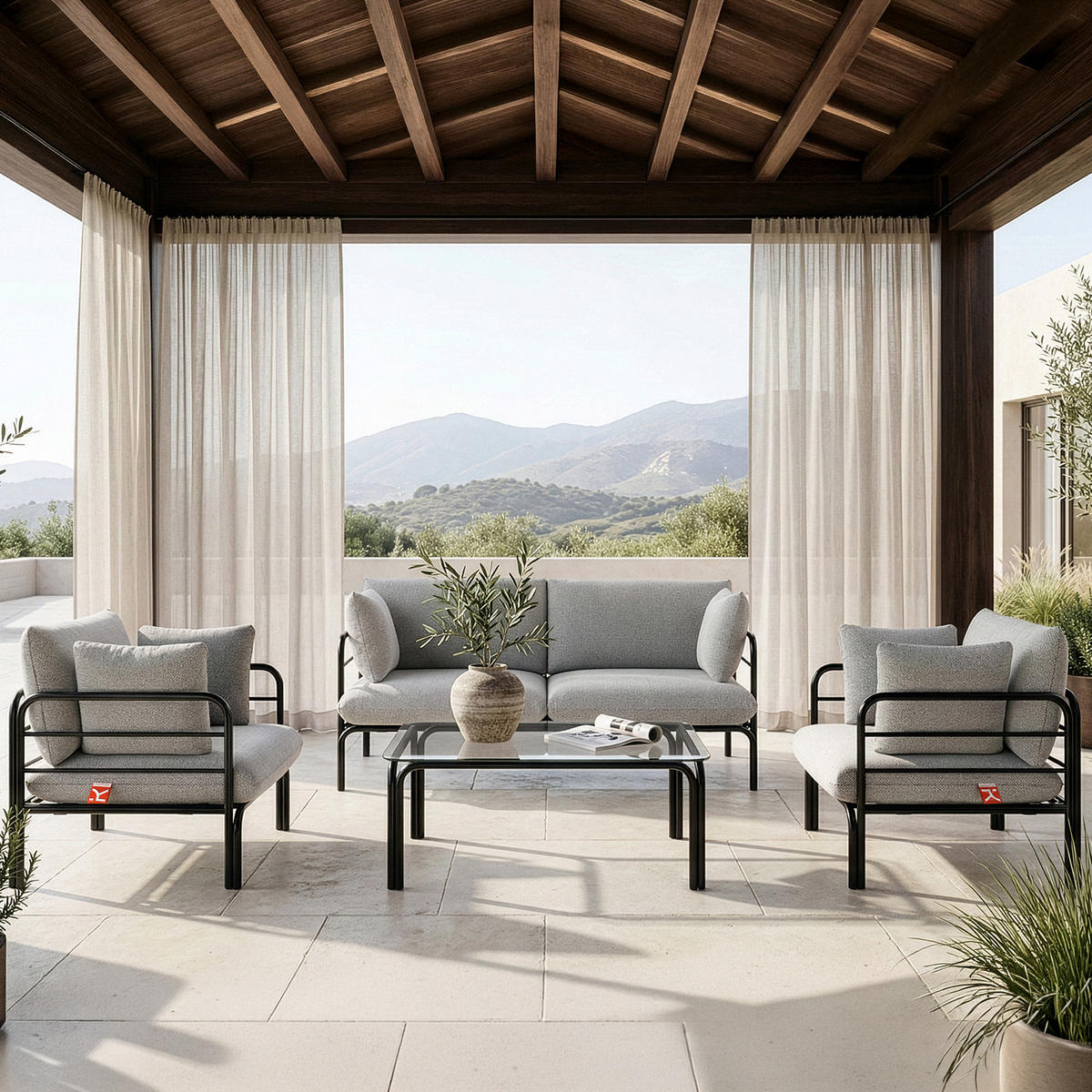 GARTENMÖBELSET RAMBE 4-tlg. 1x Tisch 2x Sessel 1x Sofa 2-Sitzer, mit Kissen, LOFT-STIL, Anthrazit - Dunkelgrau/Anthrazit, Glas/Textil - KONSIMO®