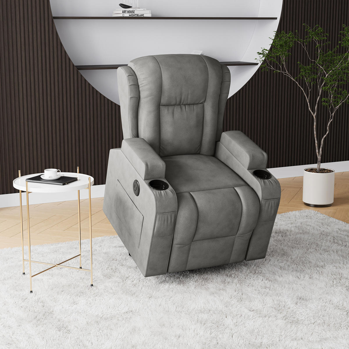 ELEKTRICKÉ masážne kreslo s funkciou vyhrievania, USB, sivé - sivá, drevo (93/105/102cm)