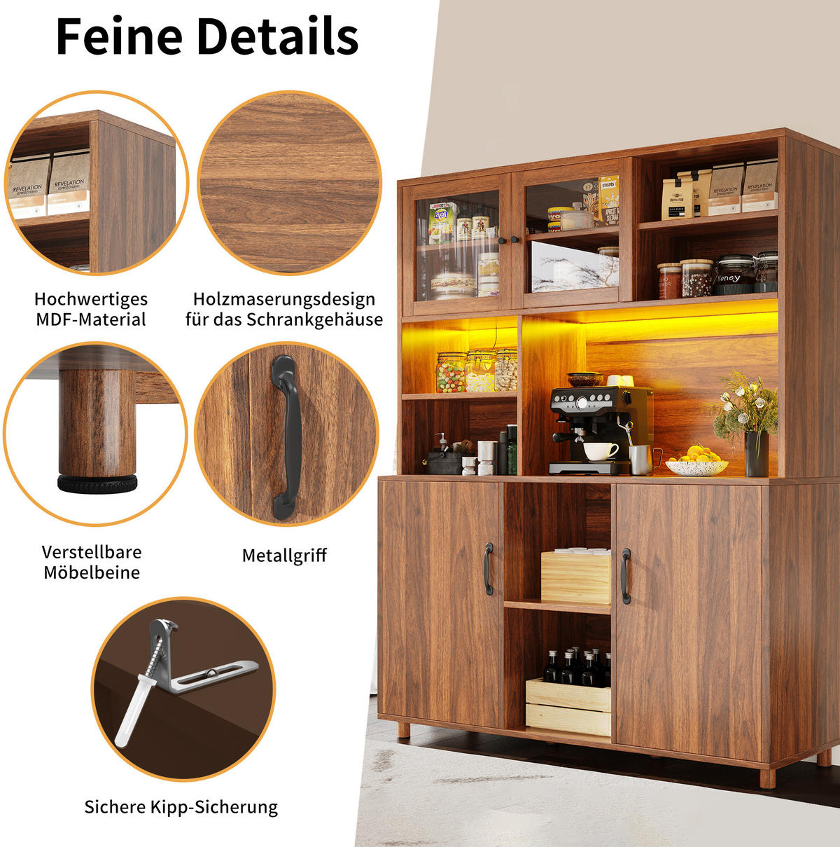 ANRICHTE Hochschrank 140/40/185 cm aus MDF und Glas mit LED-Beleuchtung und Schiebetüren Walnussbraun - Braun, Holzwerkstoff (140/185/40cm) - Modenvie
